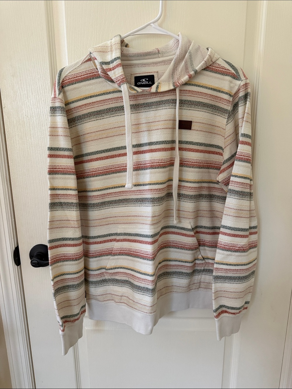 O'Neill Cream Hooded Striped Pullover with Red, Green & Yellow Accents